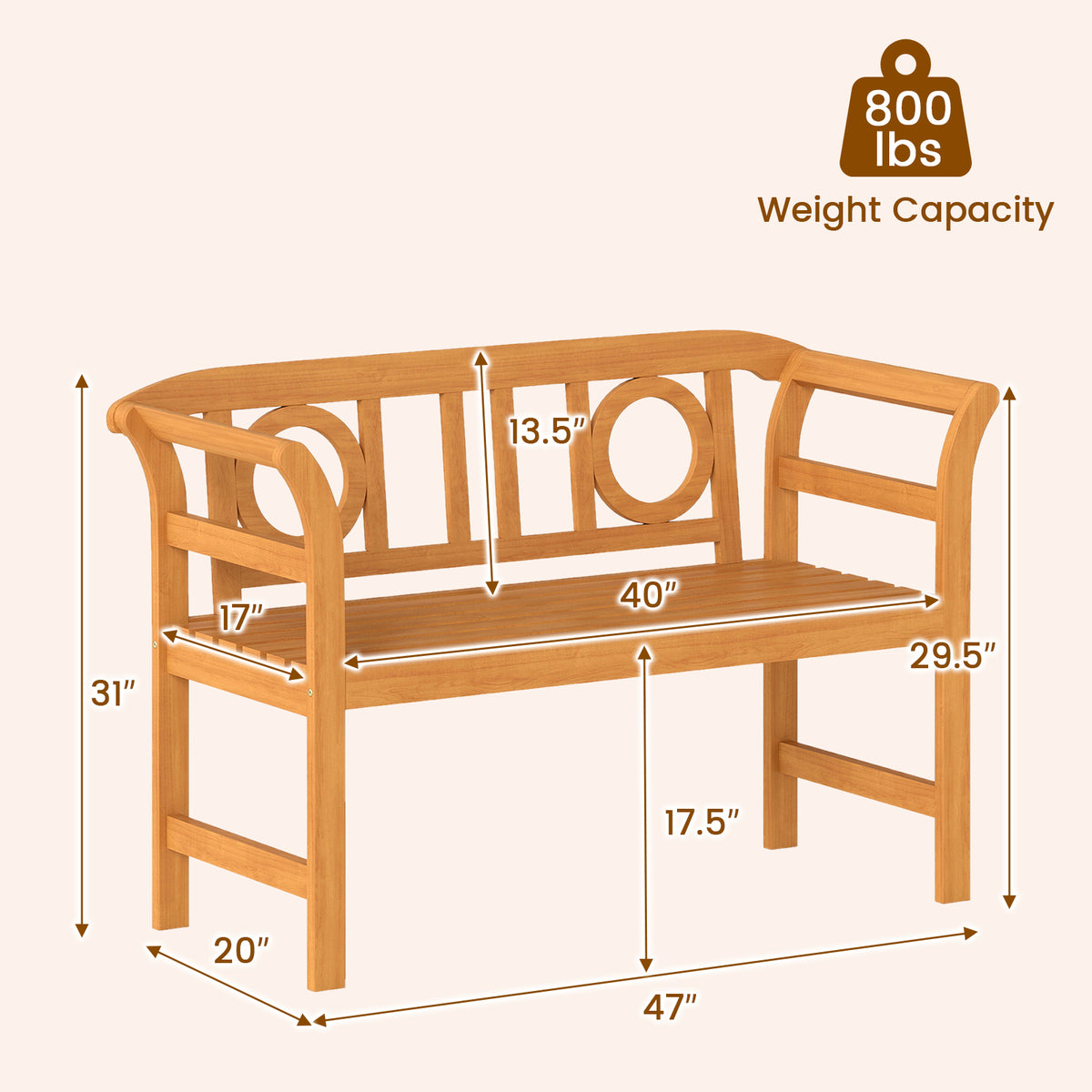 Acacia Wood 2-Person Patio Loveseat with Backrest and Armrests for