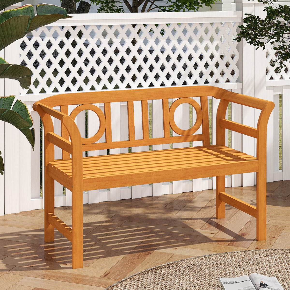 Acacia Wood 2-Person Patio Loveseat with Backrest and Armrests for