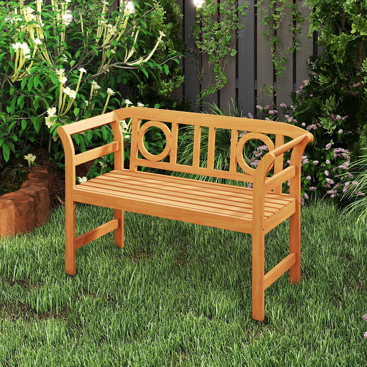 Acacia Wood 2-Person Patio Loveseat with Backrest and Armrests for