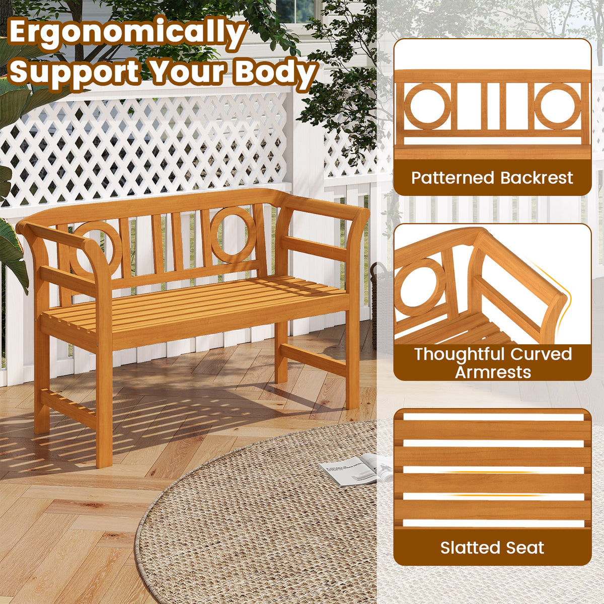 Acacia Wood 2-Person Patio Loveseat with Backrest and Armrests for