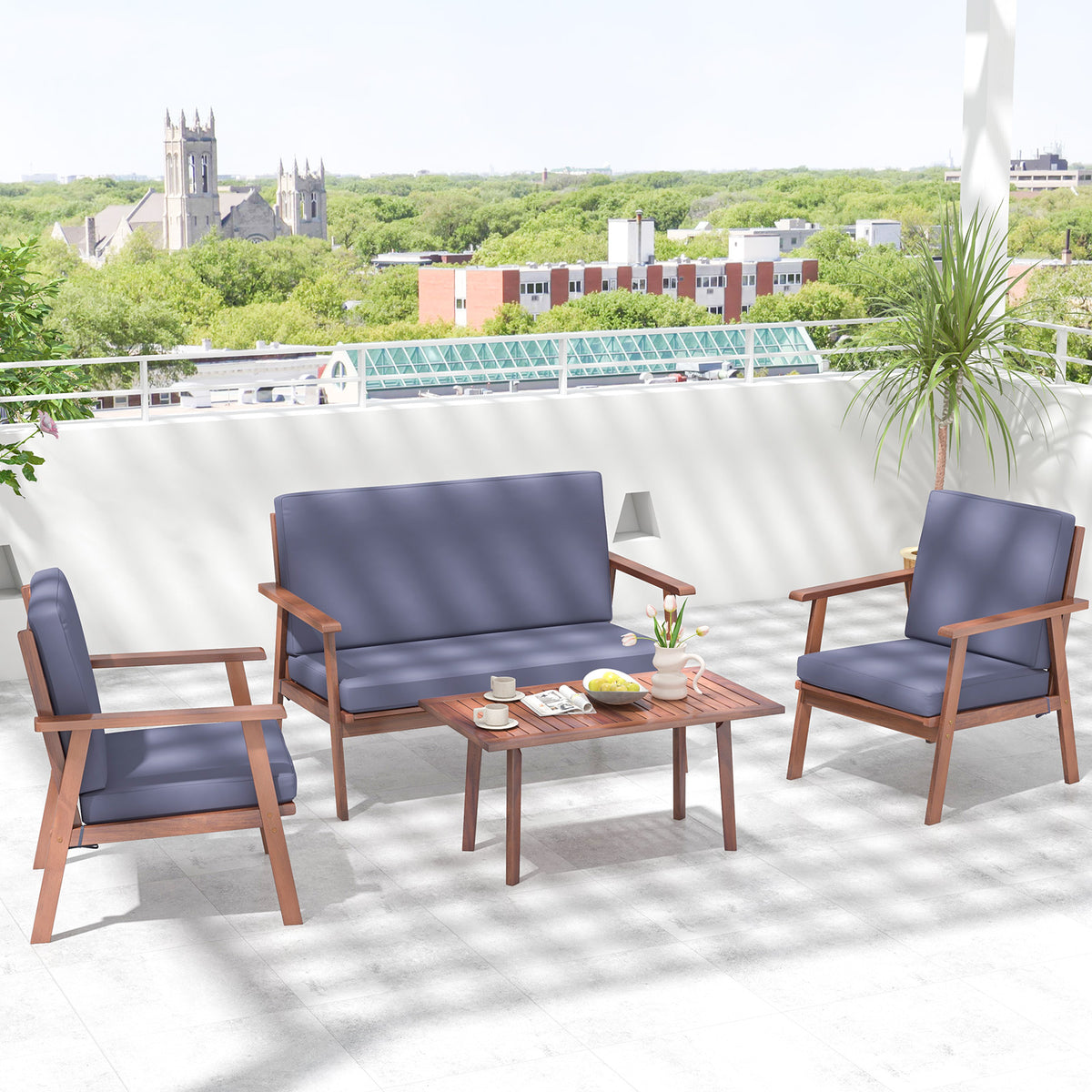 4-Piece Outdoor Acacia Wood Conversation Set - Gray