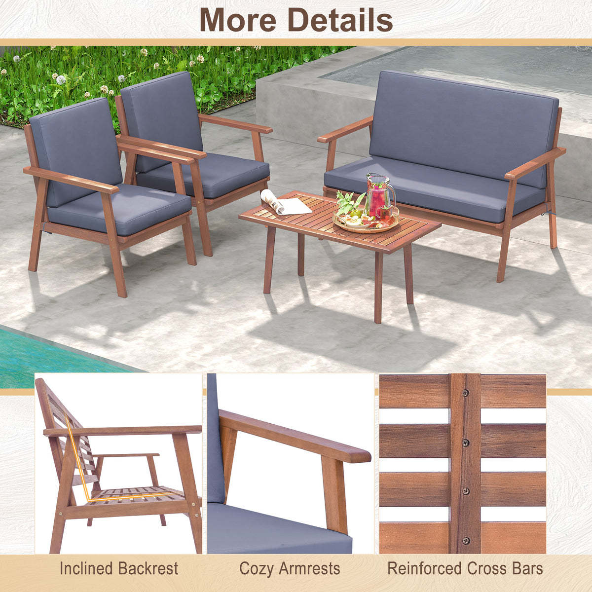 4-Piece Outdoor Acacia Wood Conversation Set - Gray