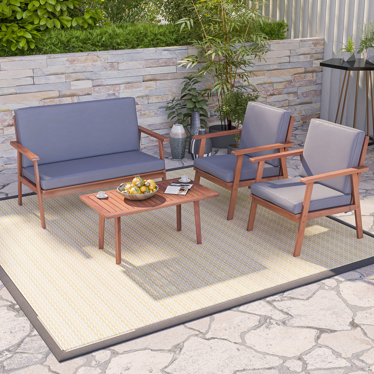 4-Piece Outdoor Acacia Wood Conversation Set - Gray