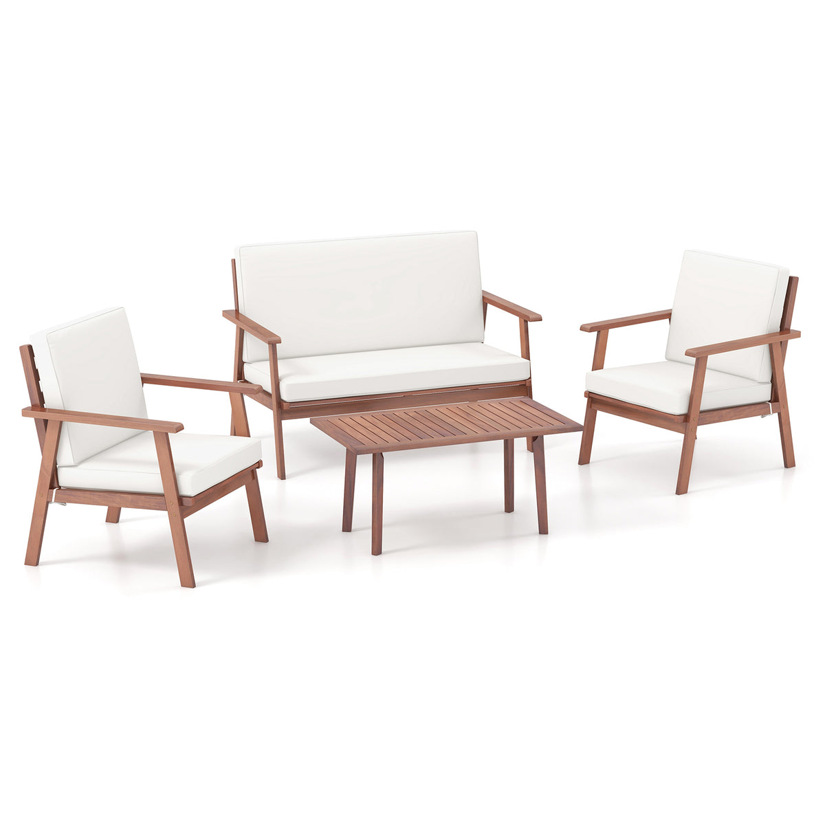 4 Piece Outdoor Acacia Wood Conversation Set with Soft Seat and Back