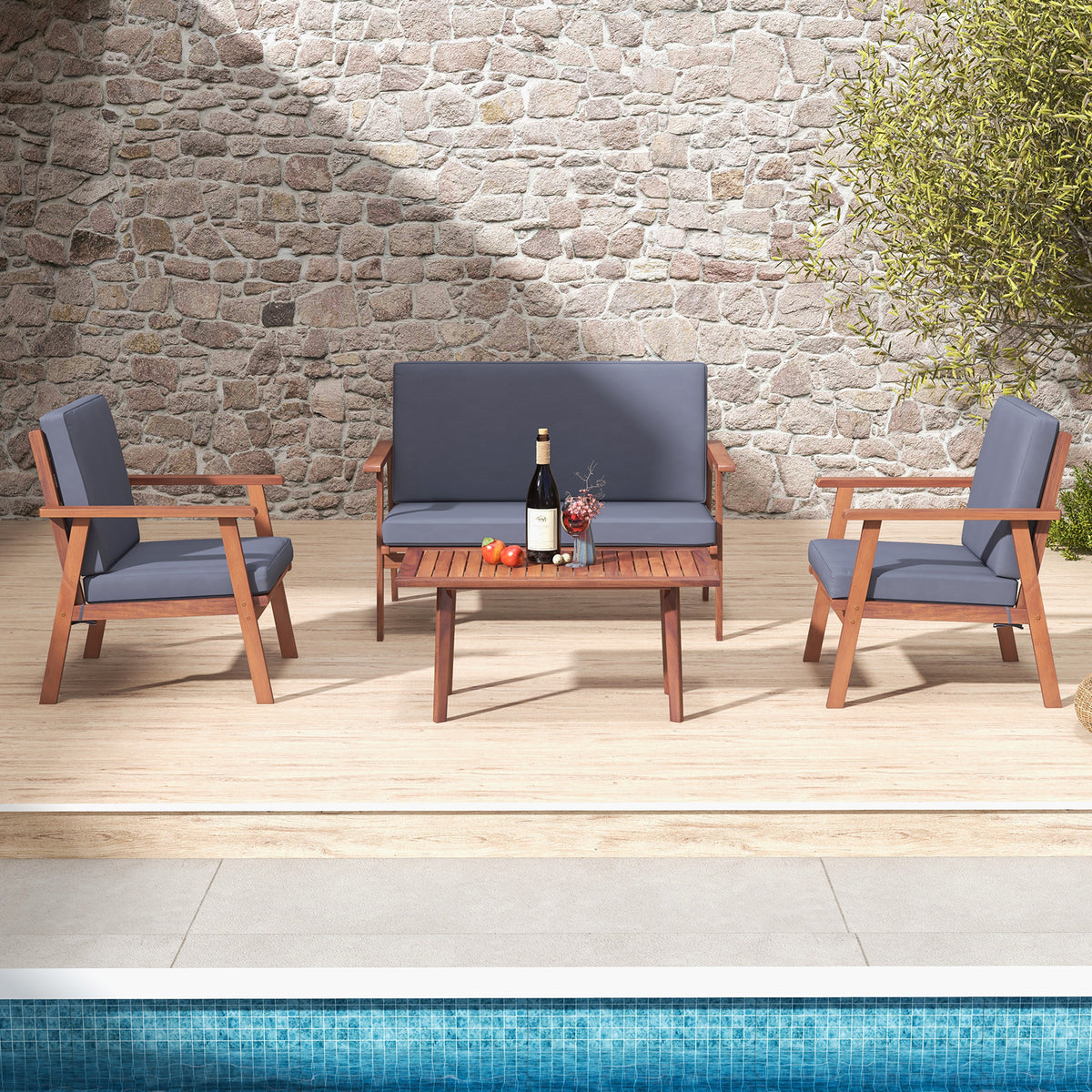 4-Piece Outdoor Acacia Wood Conversation Set - Gray