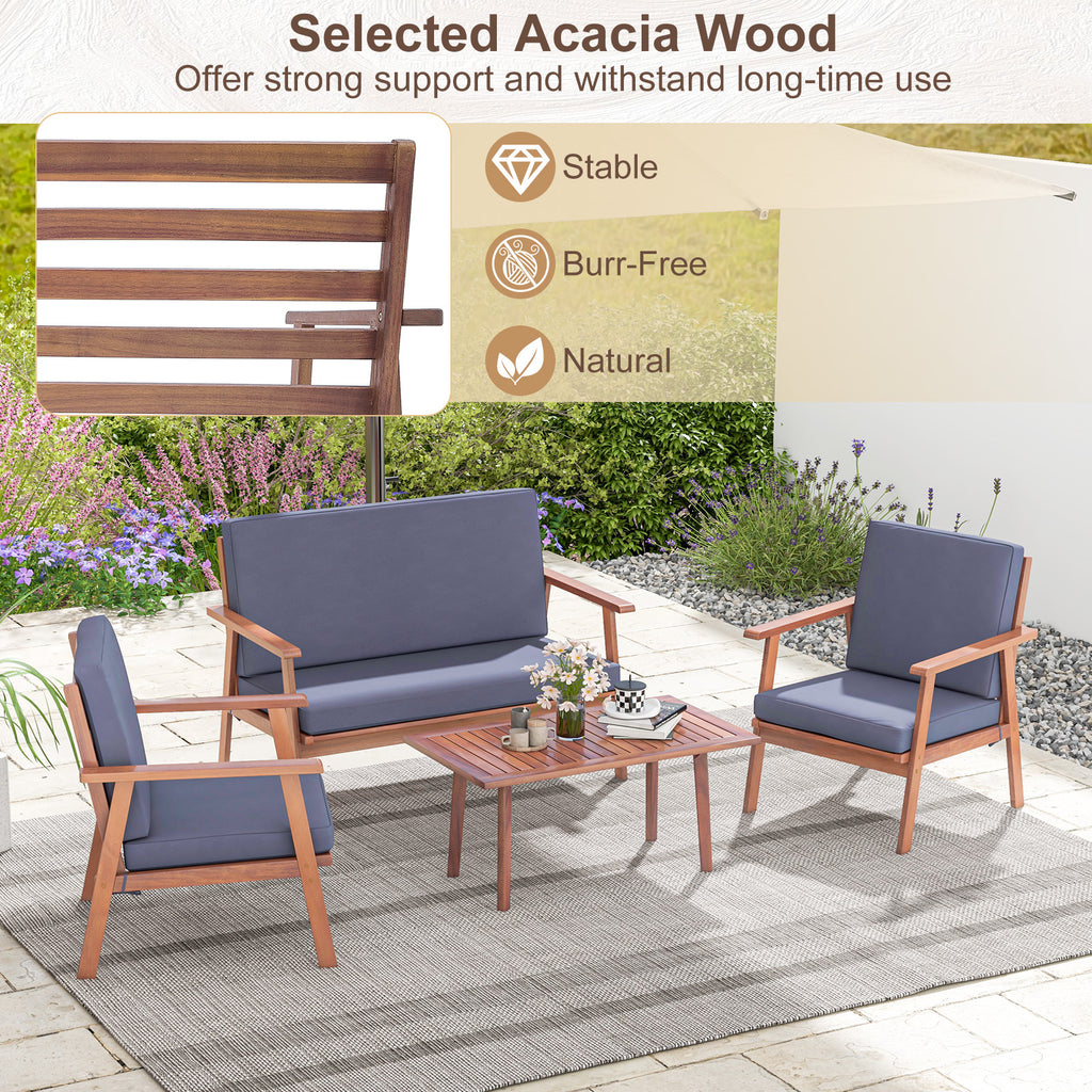 4-Piece Outdoor Acacia Wood Conversation Set - Gray