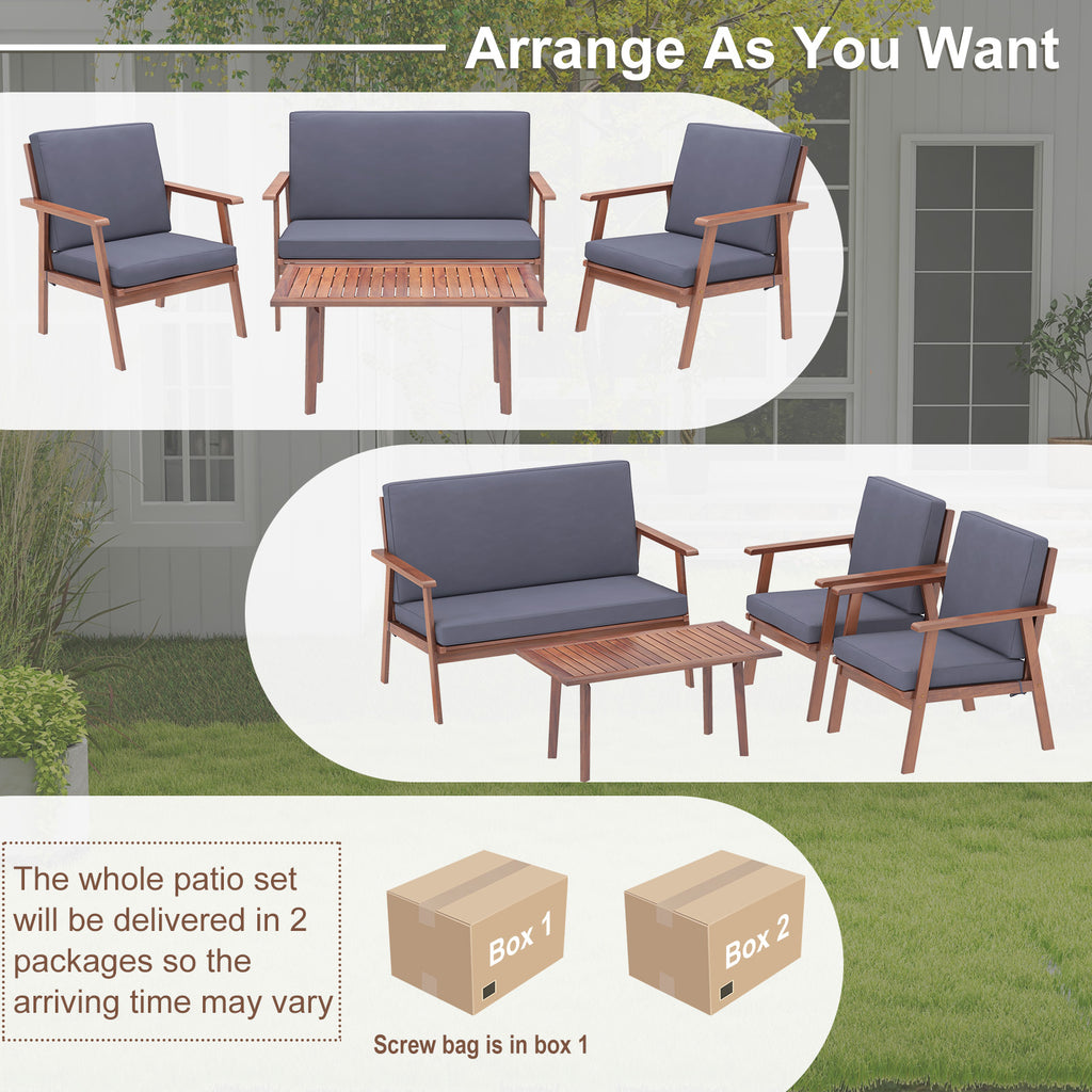 4-Piece Outdoor Acacia Wood Conversation Set - Gray