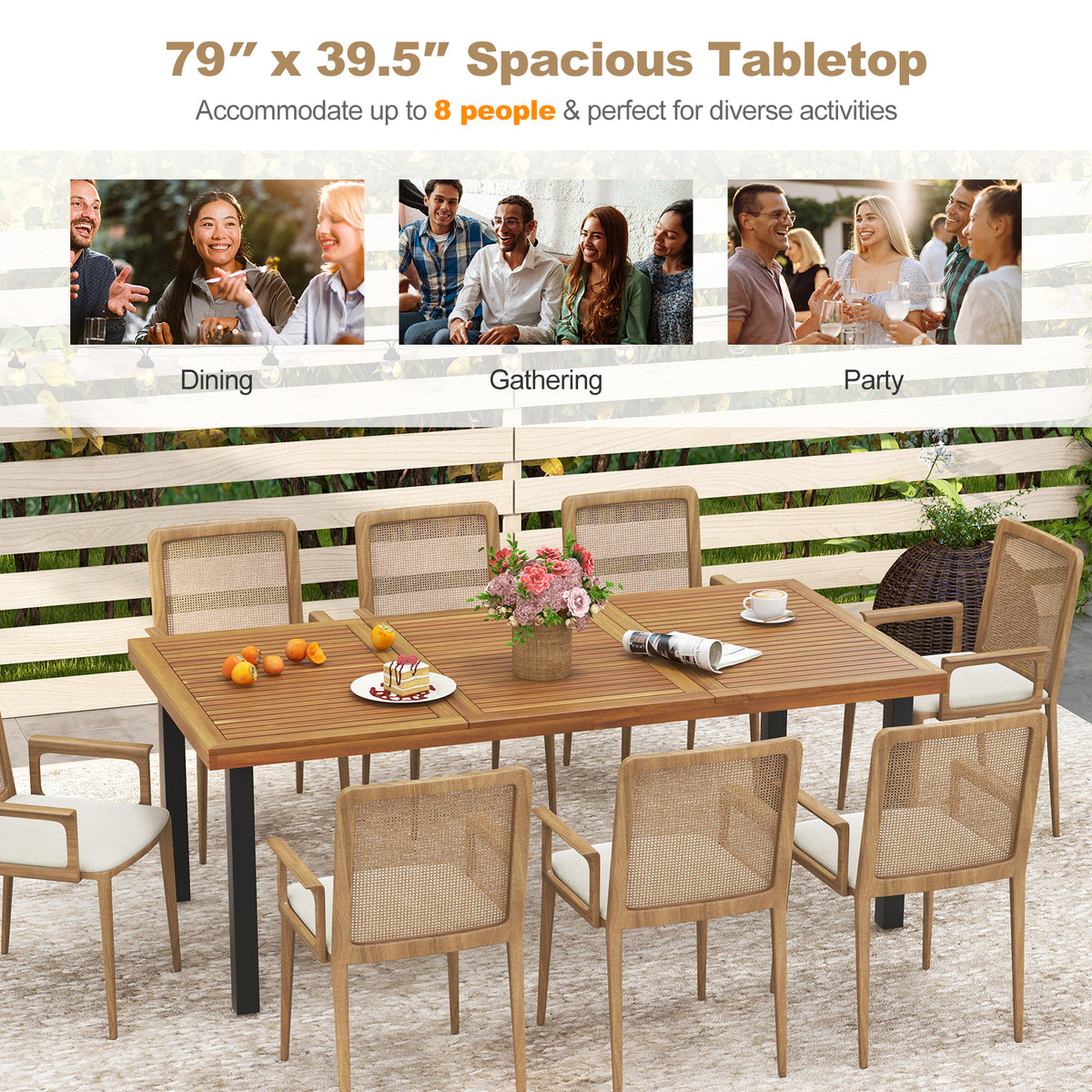 79 Inch Acacia Wood Dining Table 8-Person Patio with 1.9 Umbrella