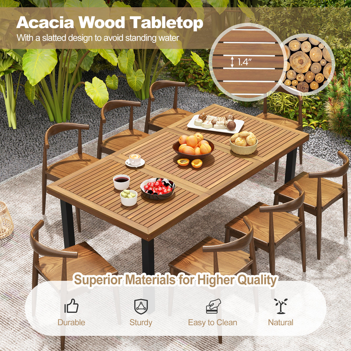 79 Inch Acacia Wood Dining Table 8-Person Patio with 1.9 Umbrella