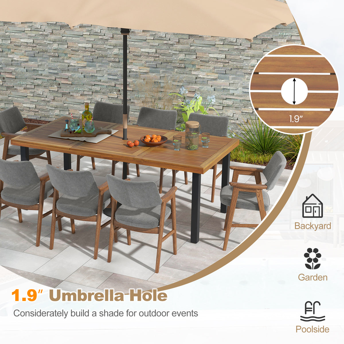79 Inch Acacia Wood Dining Table 8-Person Patio with 1.9 Umbrella