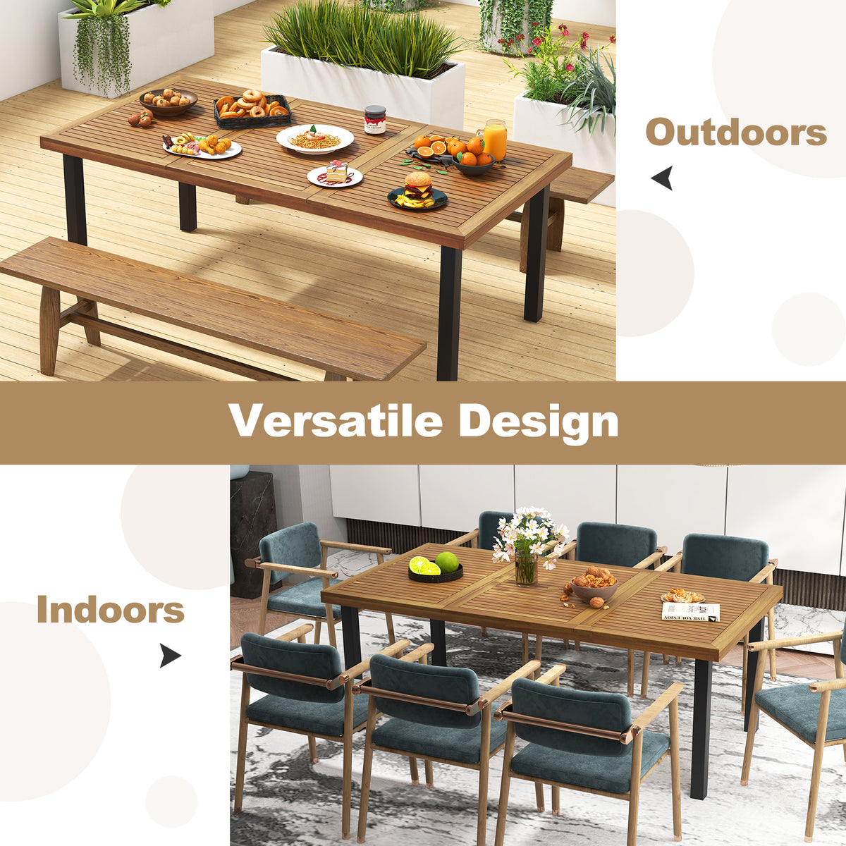 79 Inch Acacia Wood Dining Table 8-Person Patio with 1.9 Umbrella