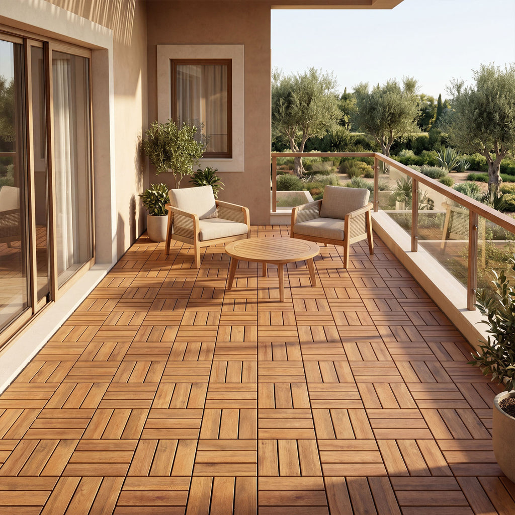Acacia Wood Interlocking Deck Tiles - Golden Teak Checker Pattern, 12x12 Inch, 27 Pieces, Waterproof