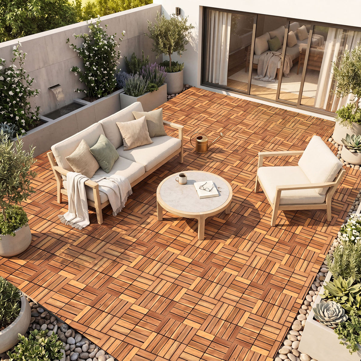 Acacia Wood Interlocking Deck Tiles - Golden Teak Grid 27 Pieces, Natural Finish