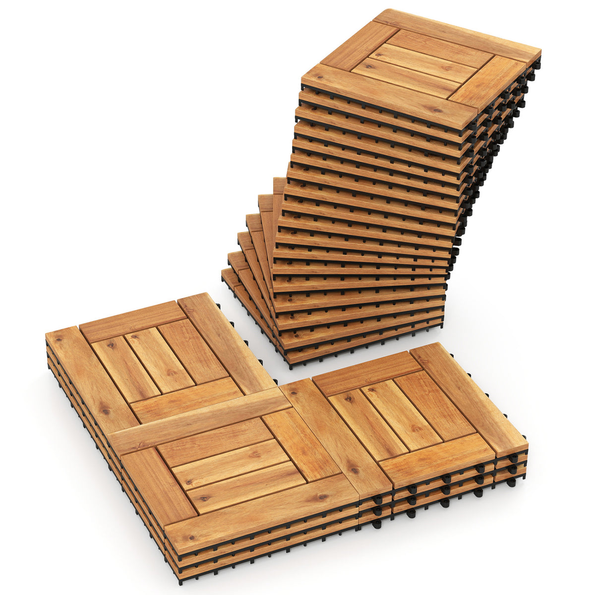 Acacia Wood Interlocking Deck Tiles - Waterproof, 12x12 Inch, 24 Pieces, Natural, Diagonal Style