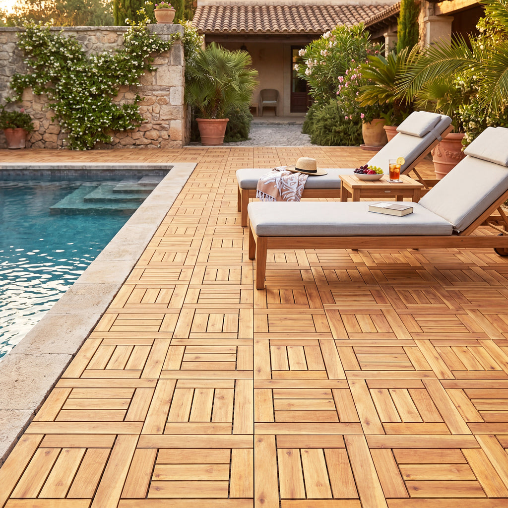Acacia Wood Interlocking Deck Tiles for Patio Balcony Backyard Porch Poolside - Golden Teak Frame 54 Pieces