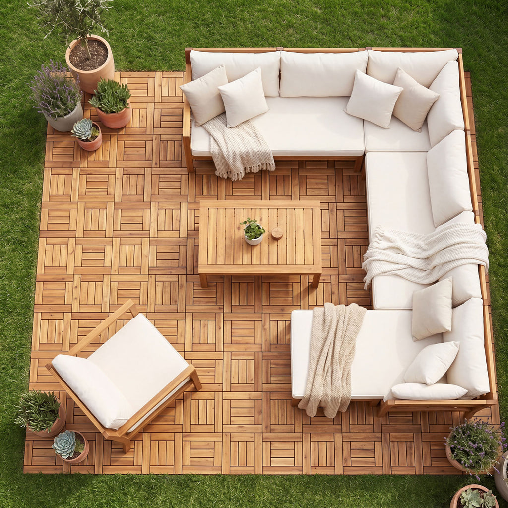Acacia Wood Interlocking Deck Tiles for Patio Balcony Backyard Porch Poolside - Golden Teak Frame 54 Pieces
