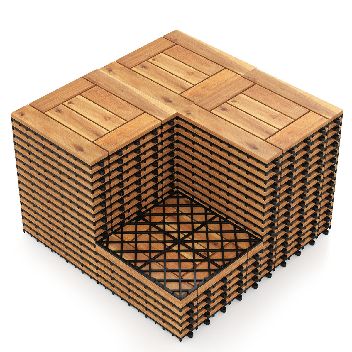 Acacia Wood Interlocking Deck Tiles for Patio Balcony Backyard Porch Poolside - Golden Teak Frame 54 Pieces