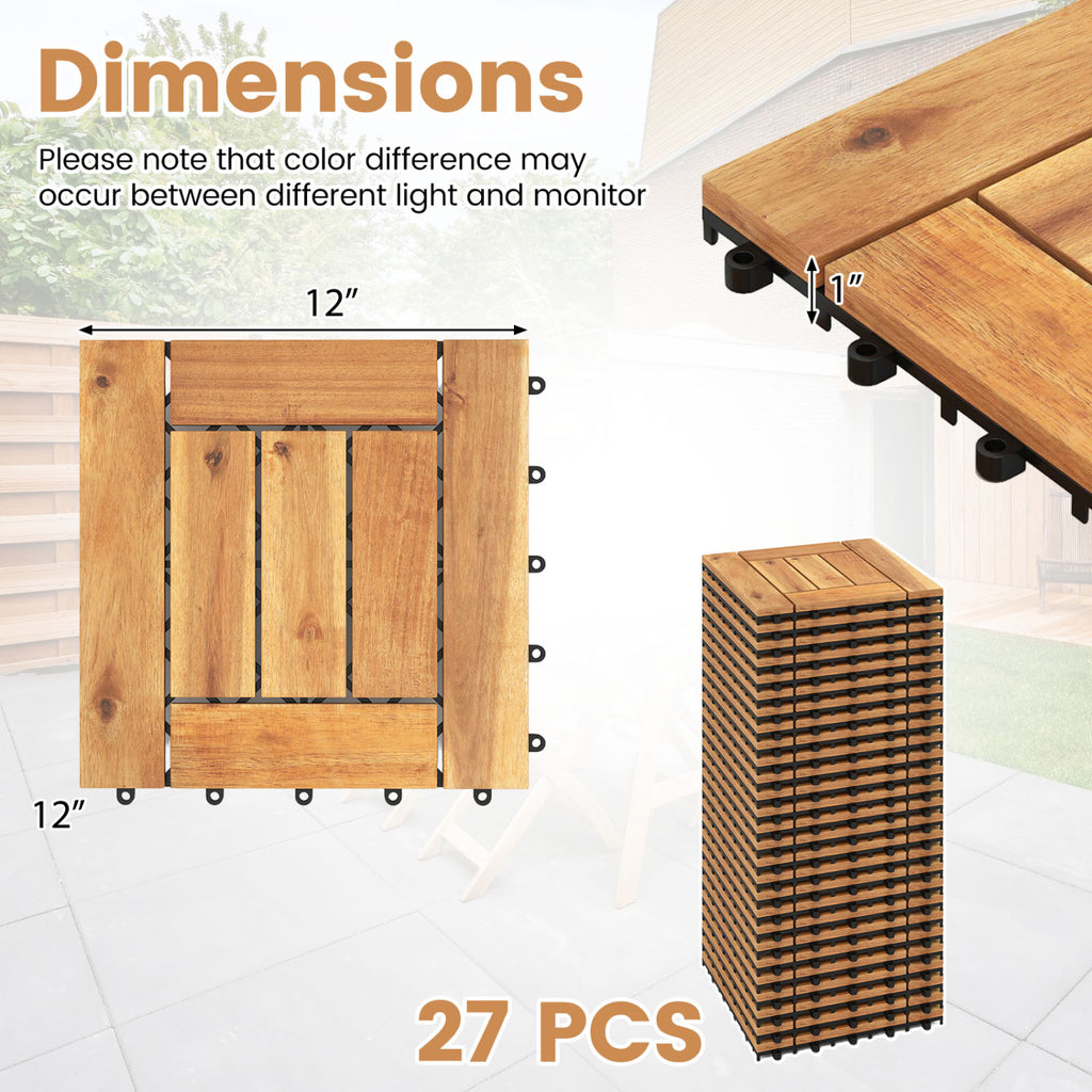 Acacia Wood Interlocking Deck Tiles for Patio Balcony Backyard Porch Poolside - Golden Teak Frame 54 Pieces