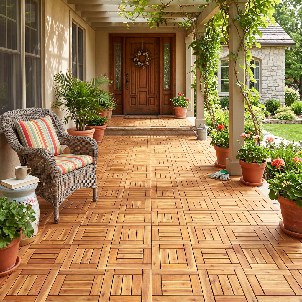Acacia Wood Interlocking Deck Tiles for Patio Balcony Backyard Porch Poolside - Golden Teak Frame 54 Pieces