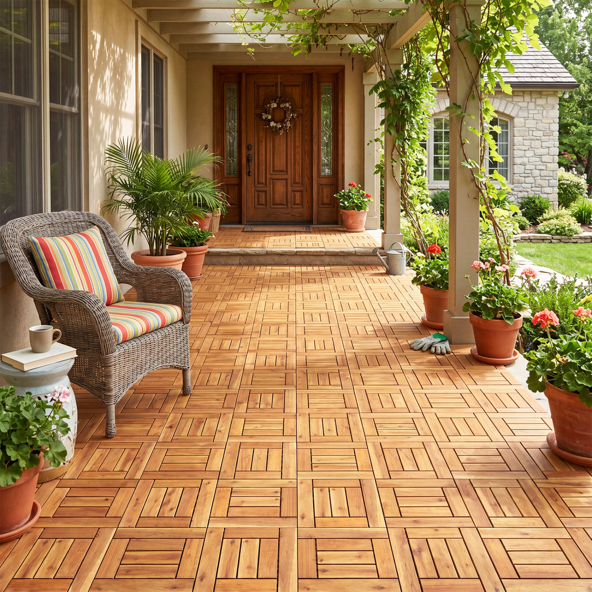 Acacia Wood Interlocking Deck Tiles for Patio Balcony Backyard Porch Poolside - Golden Teak Frame 54 Pieces