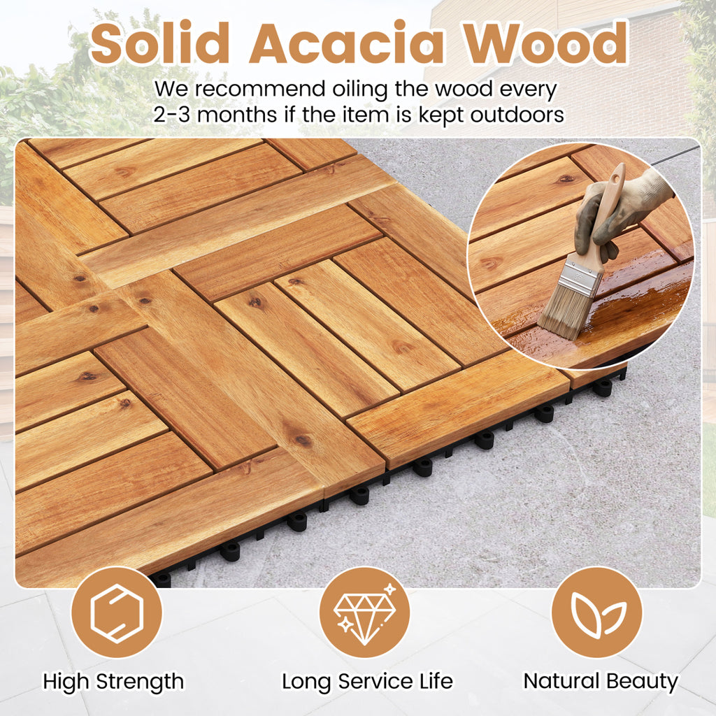 Acacia Wood Interlocking Deck Tiles for Patio Balcony Backyard Porch Poolside - Golden Teak Frame 54 Pieces