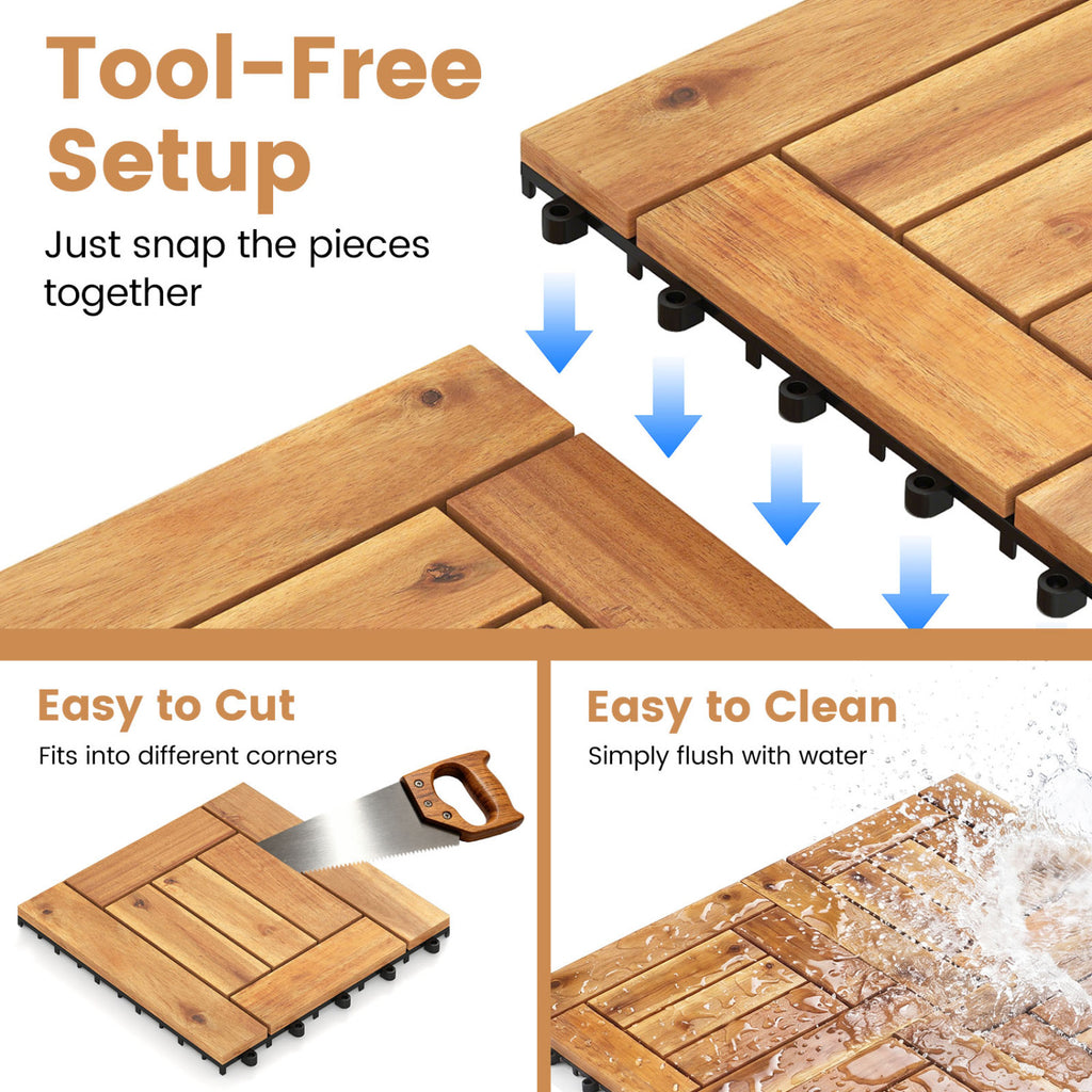 Acacia Wood Interlocking Deck Tiles for Patio Balcony Backyard Porch Poolside - Golden Teak Frame 54 Pieces