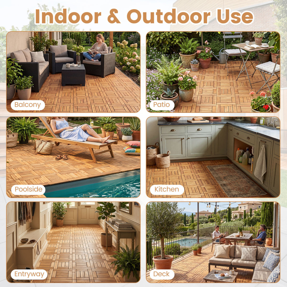 Acacia Wood Interlocking Deck Tiles for Patio Balcony Backyard Porch Poolside - Golden Teak Frame 54 Pieces