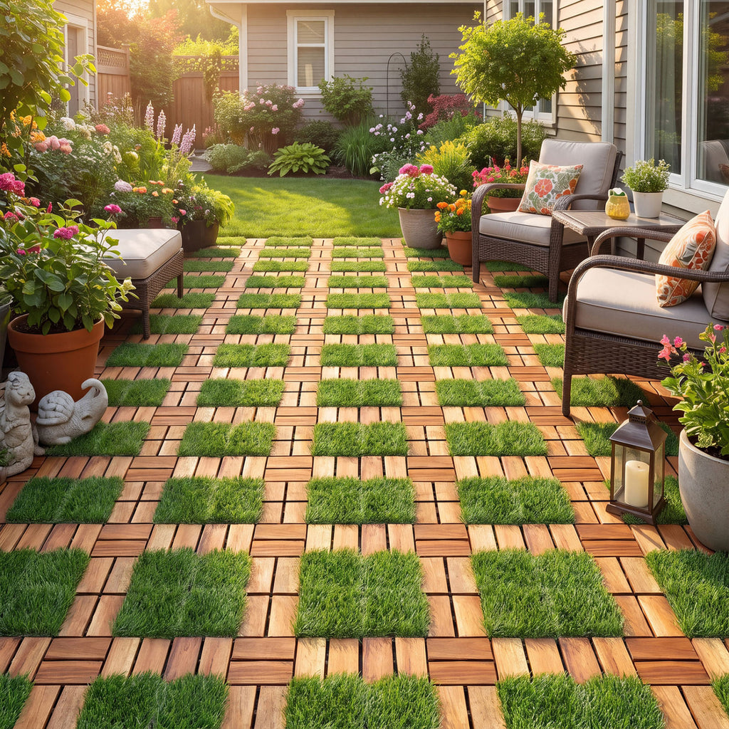 Natural Acacia Wood Interlocking Deck Tiles with Artificial Grass