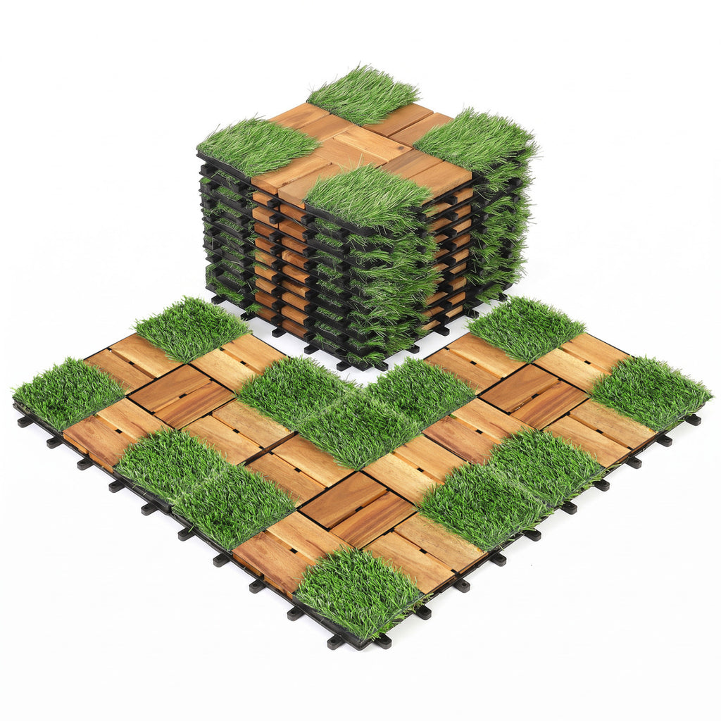 Natural Acacia Wood Interlocking Deck Tiles with Artificial Grass