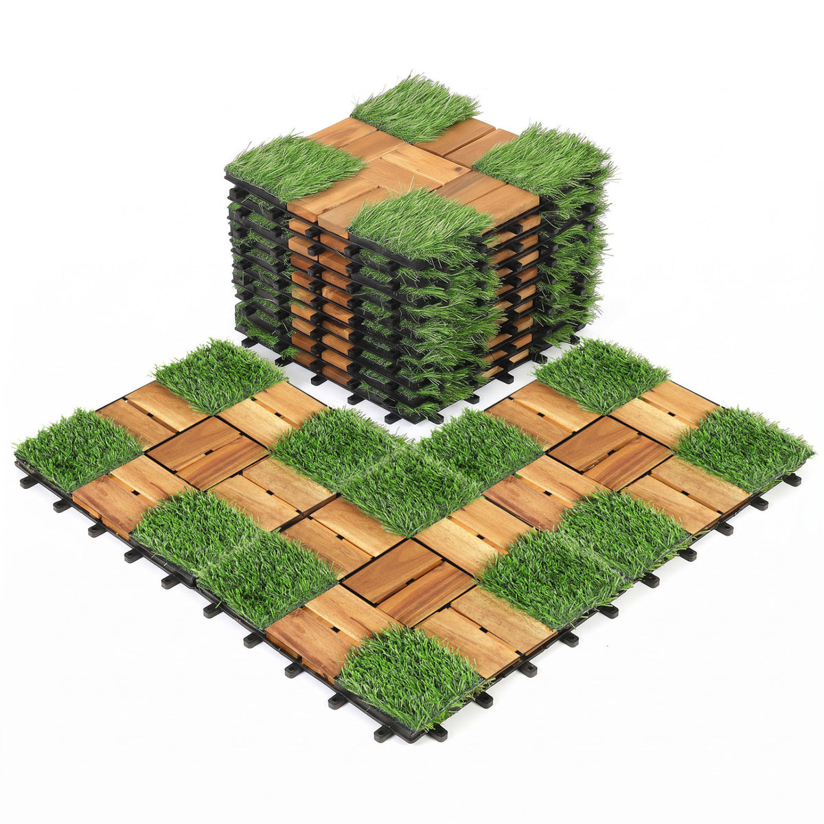 Natural Acacia Wood Interlocking Deck Tiles with Artificial Grass