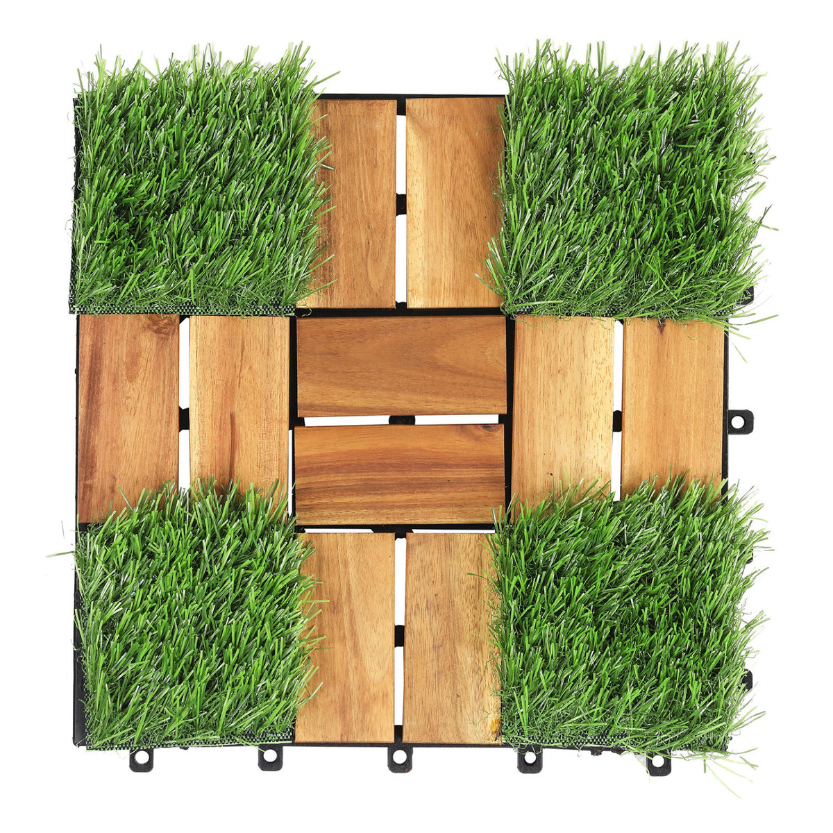 Natural Acacia Wood Interlocking Deck Tiles with Artificial Grass