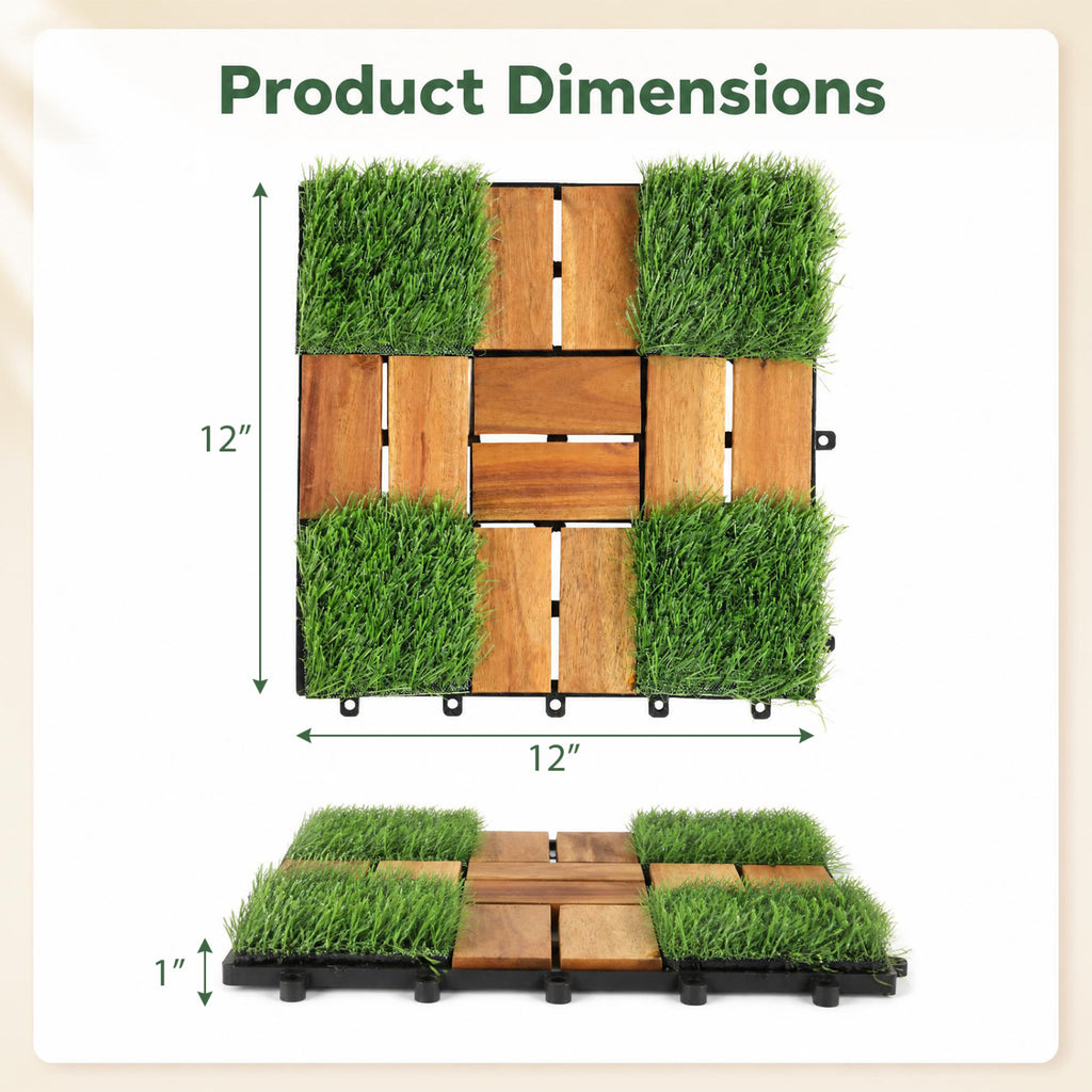 Natural Acacia Wood Interlocking Deck Tiles with Artificial Grass
