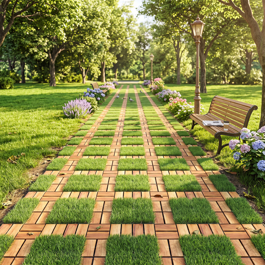 Natural Acacia Wood Interlocking Deck Tiles with Artificial Grass