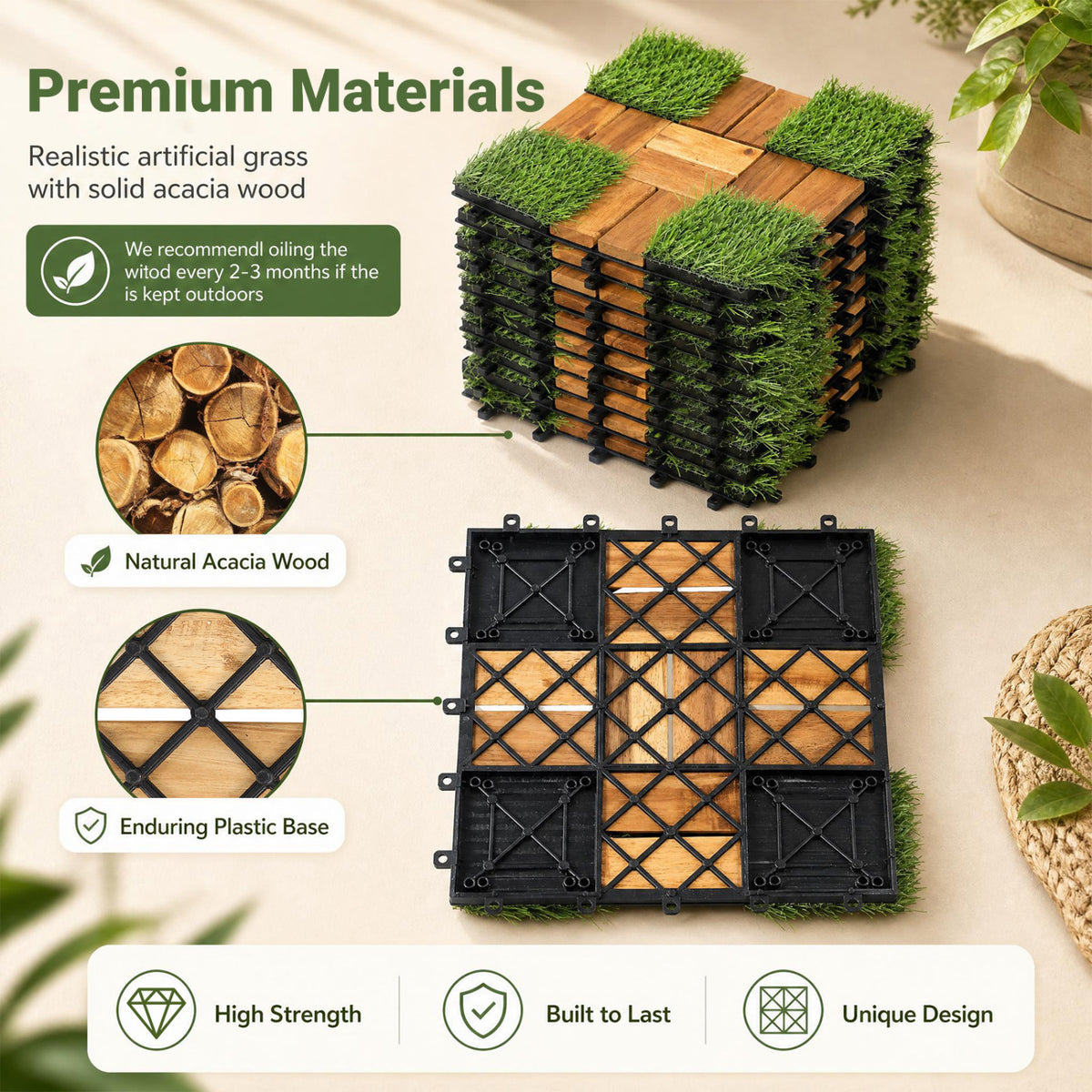 Natural Acacia Wood Interlocking Deck Tiles with Artificial Grass