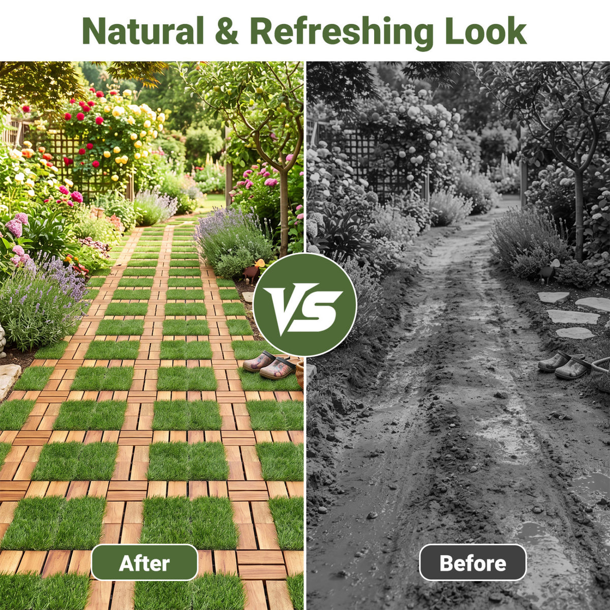 Natural Acacia Wood Interlocking Deck Tiles with Artificial Grass