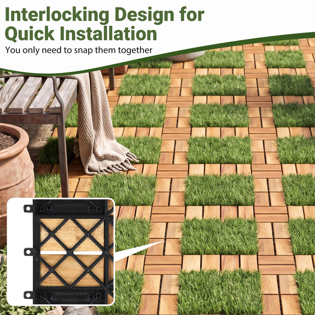 Natural Acacia Wood Interlocking Deck Tiles with Artificial Grass