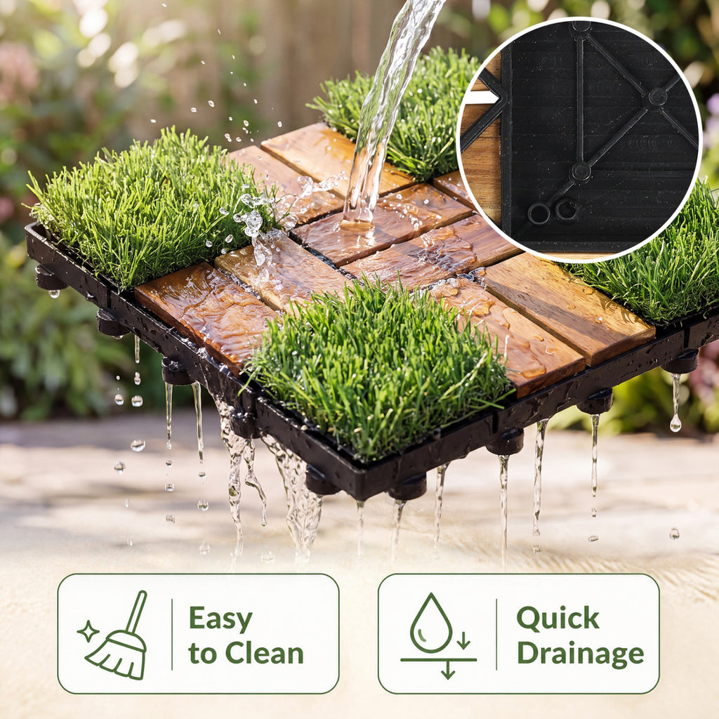Natural Acacia Wood Interlocking Deck Tiles with Artificial Grass