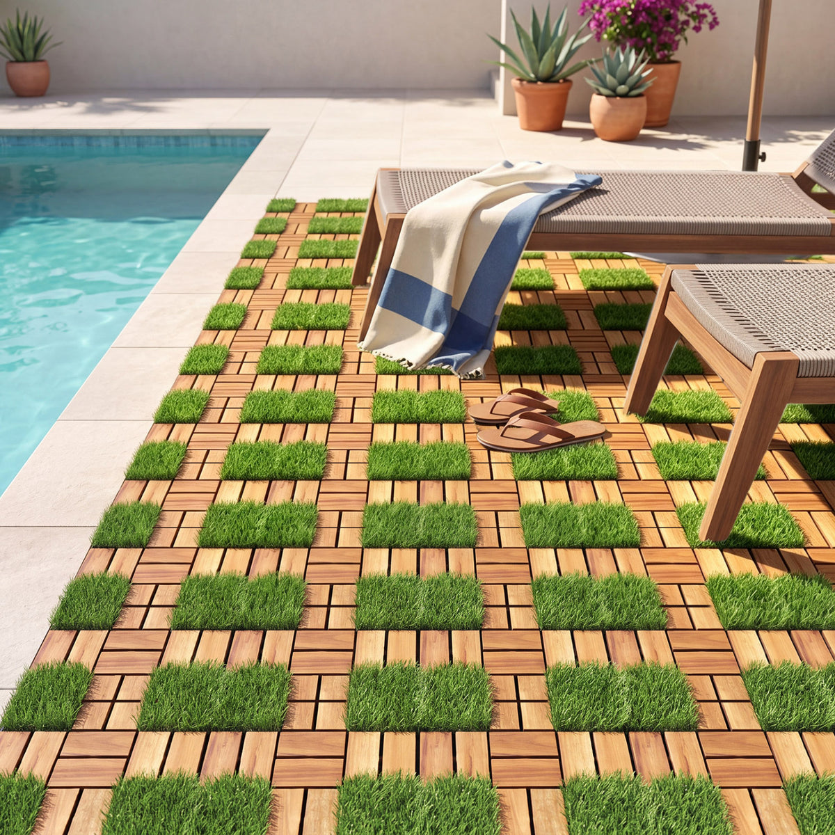 Natural Acacia Wood Interlocking Deck Tiles with Artificial Grass