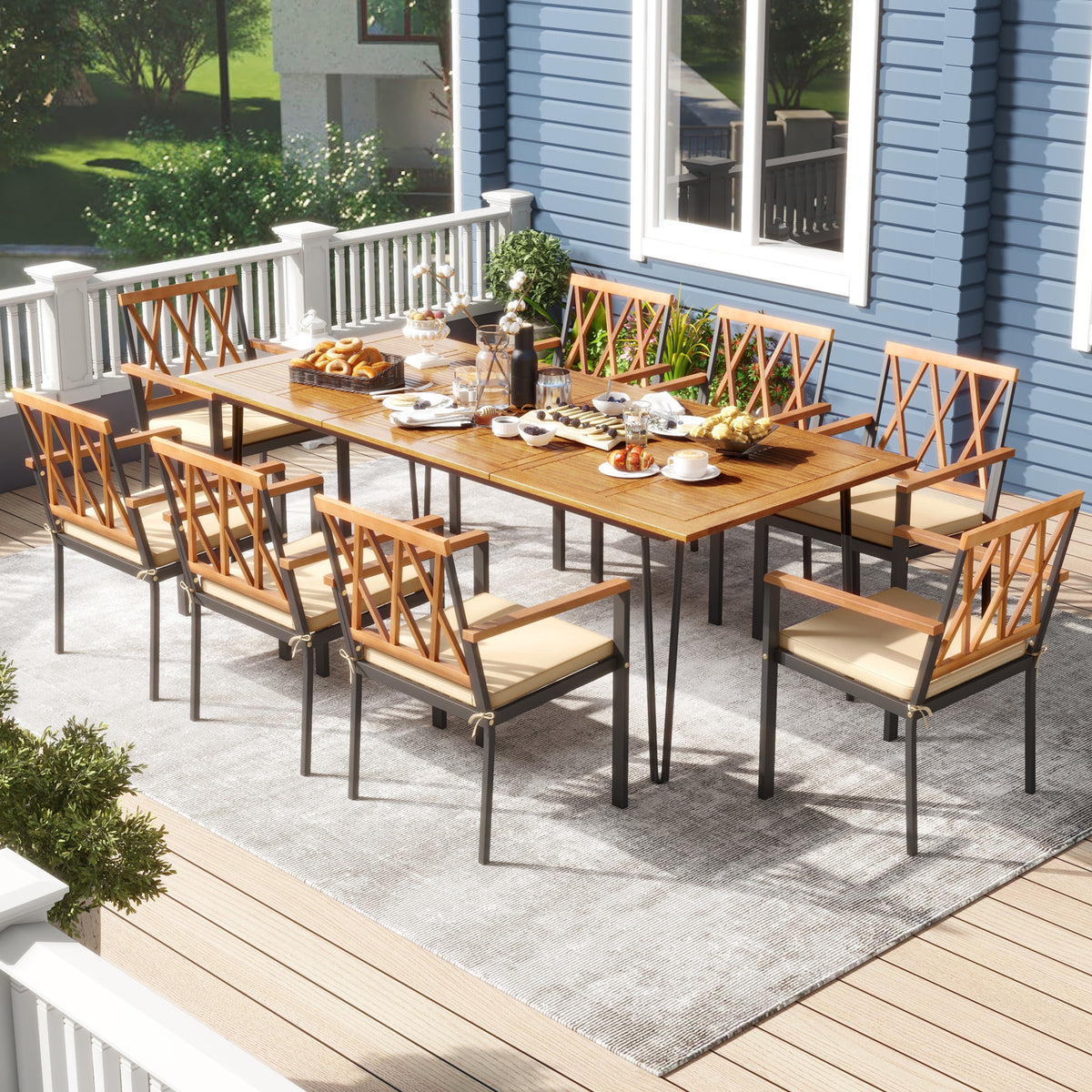 Acacia Wood Outdoor Furniture Set 9 Pieces Patio Dining with 8 Chairs