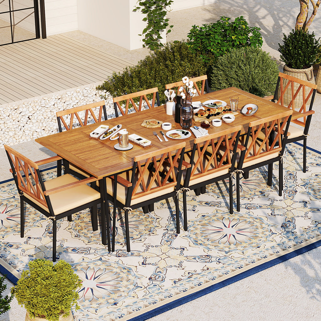 Acacia Wood Outdoor Furniture Set 9 Pieces Patio Dining with 8 Chairs