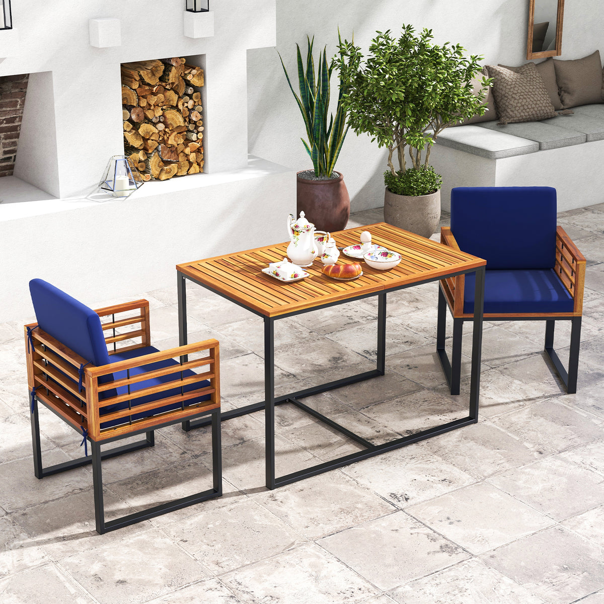 Acacia Wood Outdoor Dining Chairs Set of 2 with Cushions - Navy