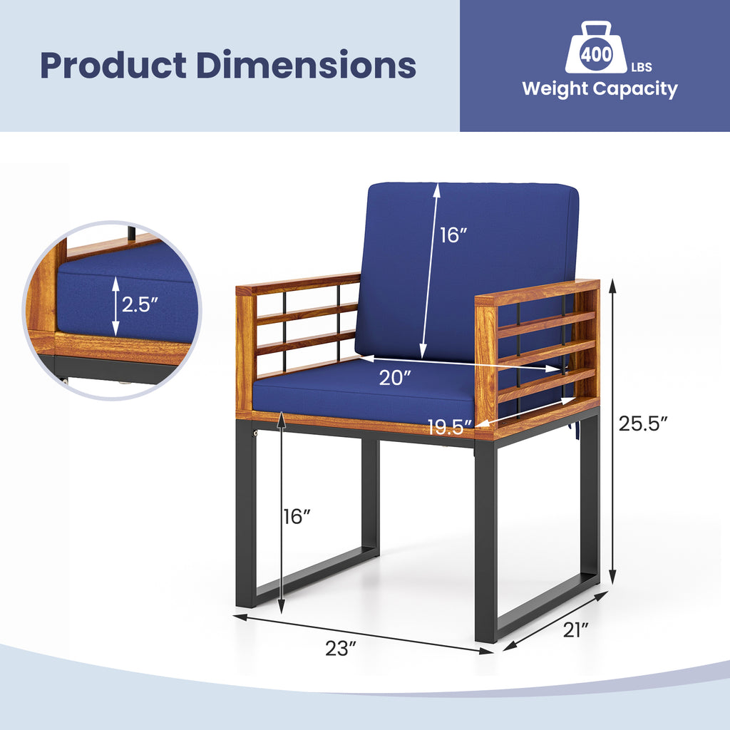 Acacia Wood Outdoor Dining Chairs Set of 2 with Cushions - Navy