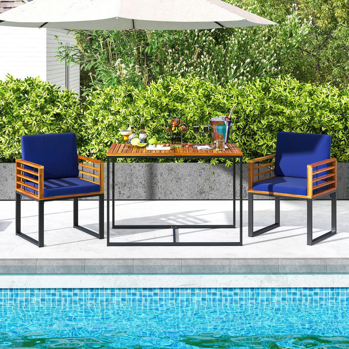 Acacia Wood Outdoor Dining Chairs Set of 2 with Cushions - Navy
