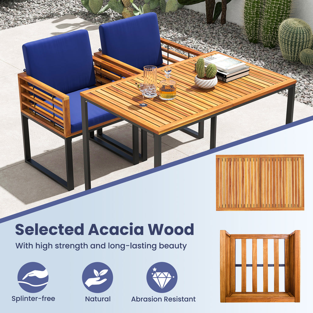 Acacia Wood Outdoor Dining Chairs Set of 2 with Cushions - Navy