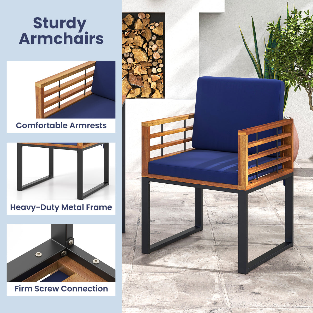 Acacia Wood Outdoor Dining Chairs Set of 2 with Cushions - Navy