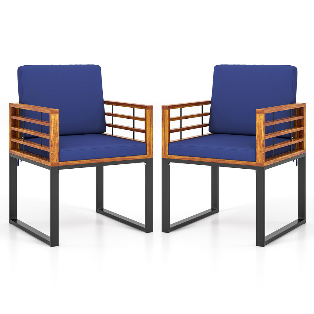Acacia Wood Outdoor Dining Chairs Set of 2 with Cushions - Navy