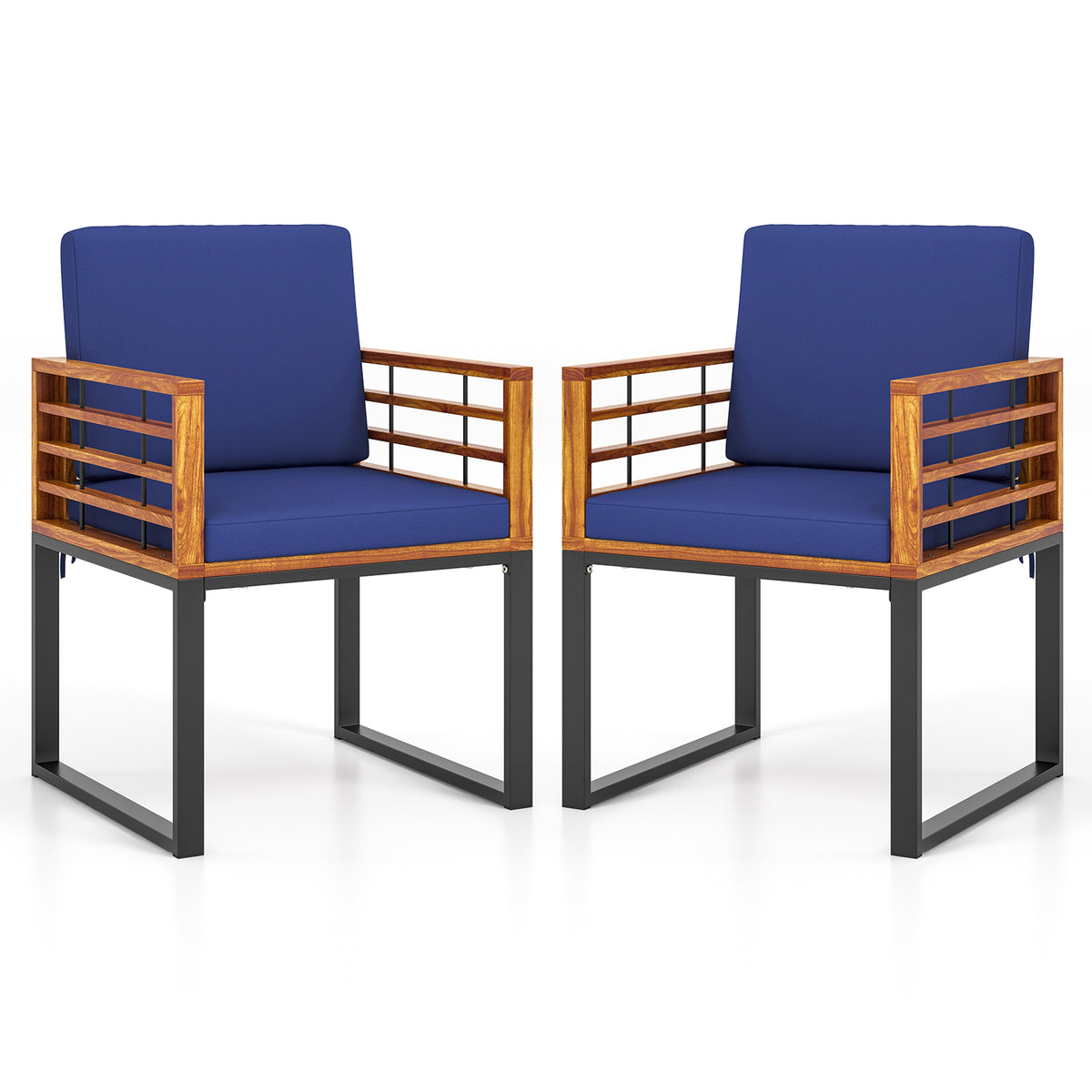Acacia Wood Outdoor Dining Chairs Set of 2 with Cushions - Navy