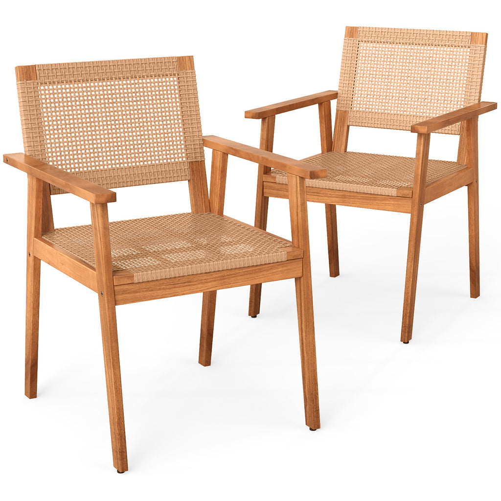 PE Rattan Patio Dining Chairs Set of 2 with Acacia Wood