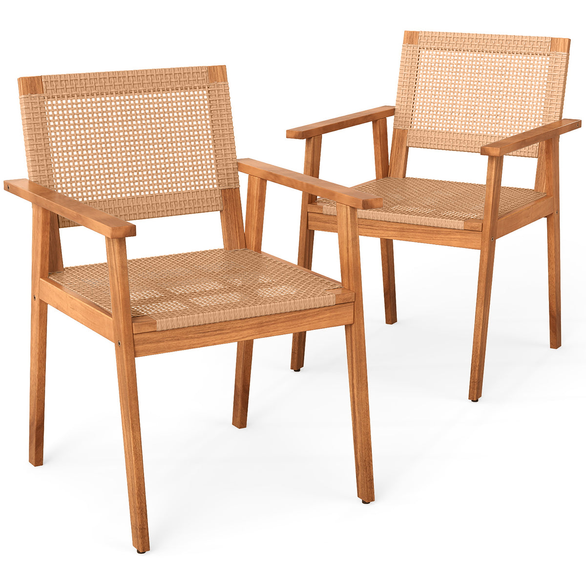 PE Rattan Patio Dining Chairs Set of 2 with Acacia Wood