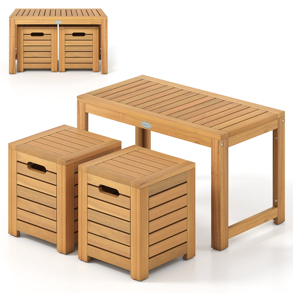 Acacia Wood Outdoor Coffee Table with 2 Stools Set